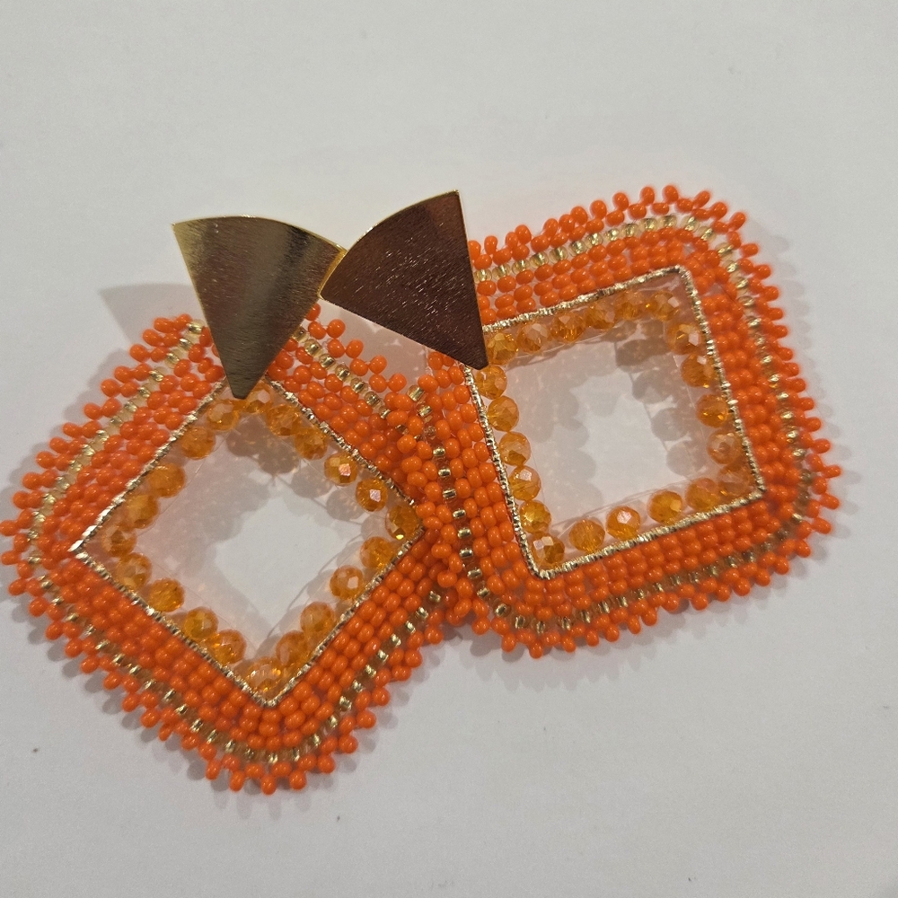 Orange Beaded Earrings with Steel - Picture 1 of 2